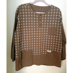 Naya Denim Weight Cotton Brown Embroidered Boxy L/S Top Sz L
